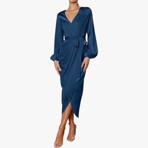 PRETTYGARDEN MIDI Satin Wrap VNeck Ruched Belted Long Formal Cocktail Dress